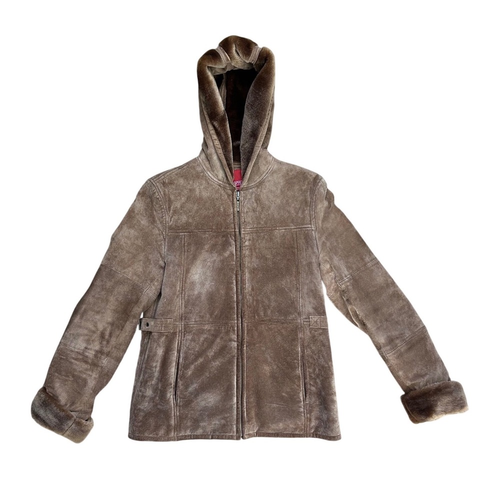 Vintage Brown Suede Leather Faux Fur Lined Hooded Jacket Womens Small